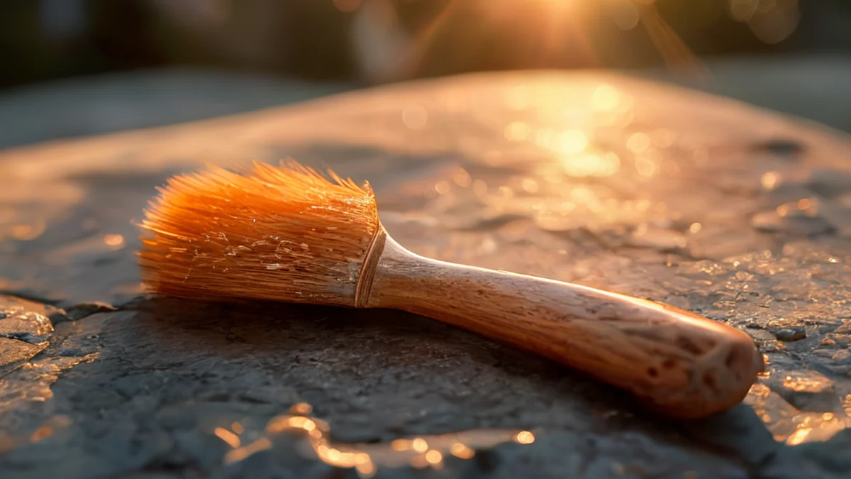 Erbrochenes Korallibrush, strubeliges Oberflächen, Holzgriff, auf Stein-Tisch, goldenes Stundenturn, flache Schärfe, photo-realistisch, scharfe Schärfe, hohe Details