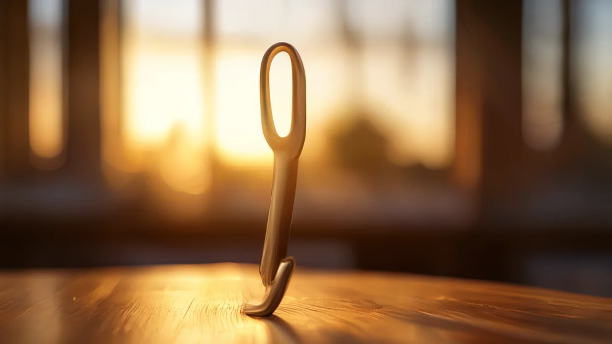 un hameçon en laiton clair avec un bord tranchant, sur une table en bois sous la lumière de l'heure dorée, champ de profondeur faible, photoréaliste, focus aiguisé, détails élevés