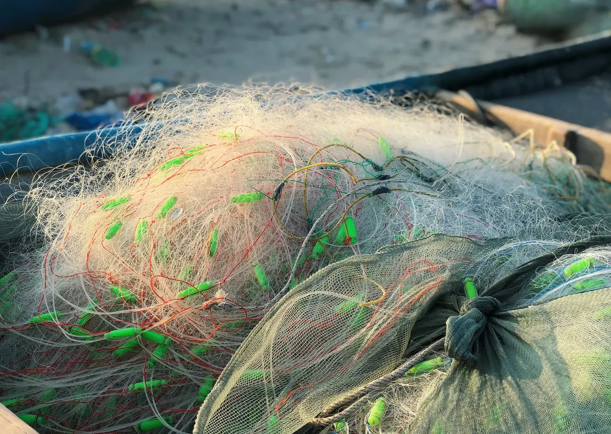 Close-up of colorful, tangled fishing nets with floats on a boat, bathed in sunlight.