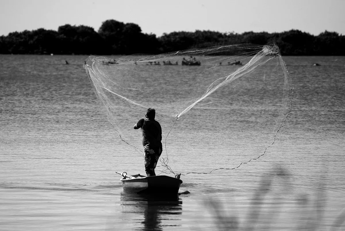 man, fisherman, fishery, boat, sea, network, livelihood, monochrome, black and white, grey, gray, water, nature, fishing, fishing net