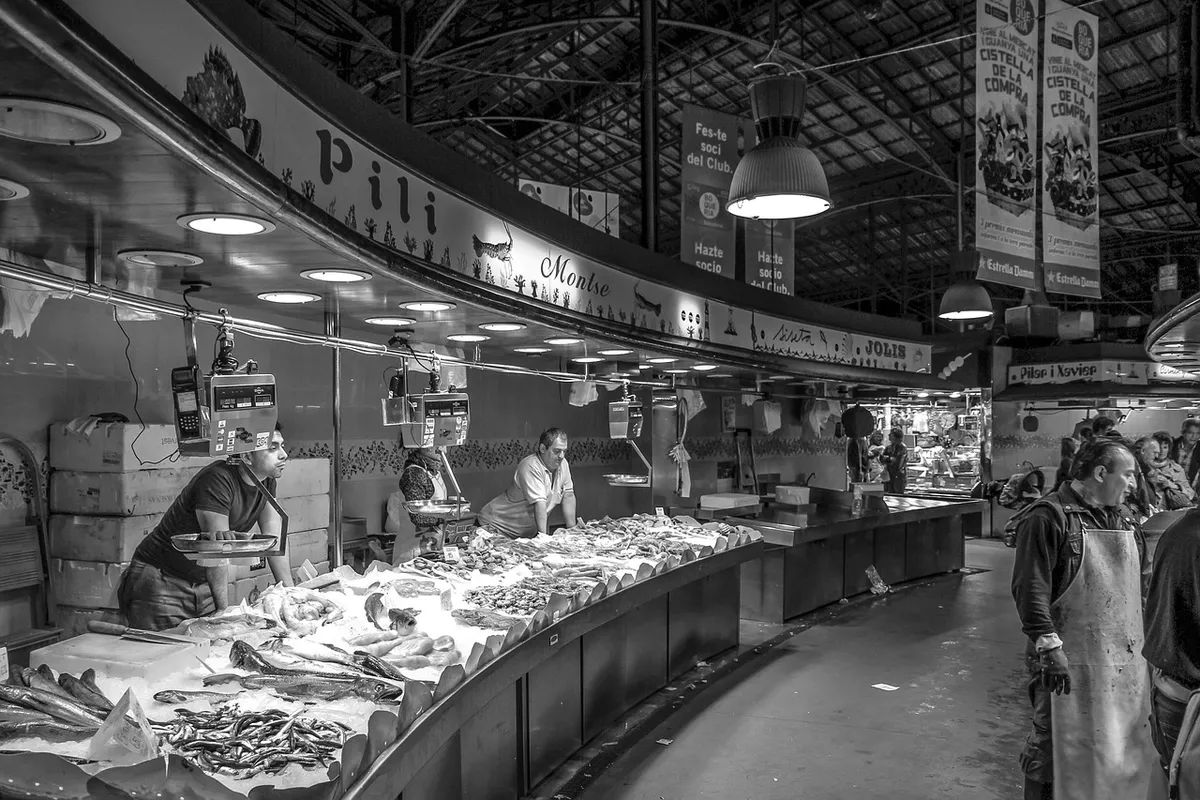 fish market, nature, seafood, fish, man, food, market, monochrome