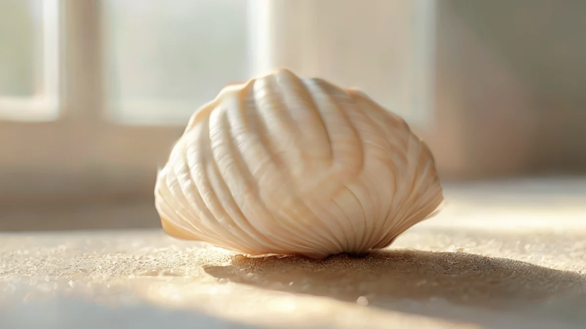 Ein einzelner großer, glatter, weicher Kalkschale, abgerundet oben, spiralförmiger Muster, auf einem sandigen Tisch unter sanftem Licht, flache Schärfe, photo-realistisch, scharfe Schärfe, hohe Details
