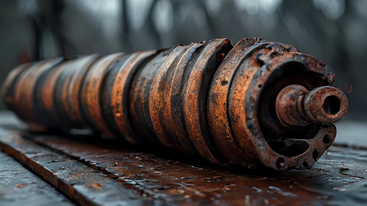Gatling-Achse, rostig, gebohrt, in Segmente, auf Stahlplatte, bewölkter Tag, flache Schärfe, photorealistisch, hohe Details