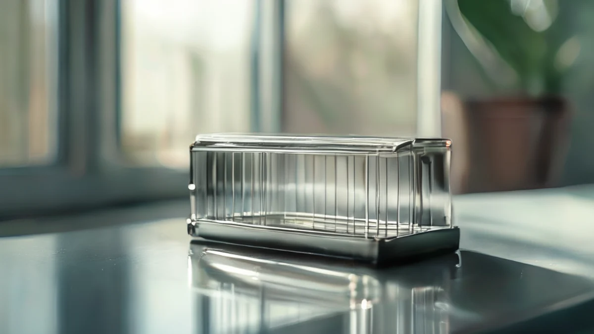 A clamp for a filter cage with a metallic surface, rectangular shape, on a glass table under soft window light, shallow depth of field, photorealistic, sharp focus, high detail