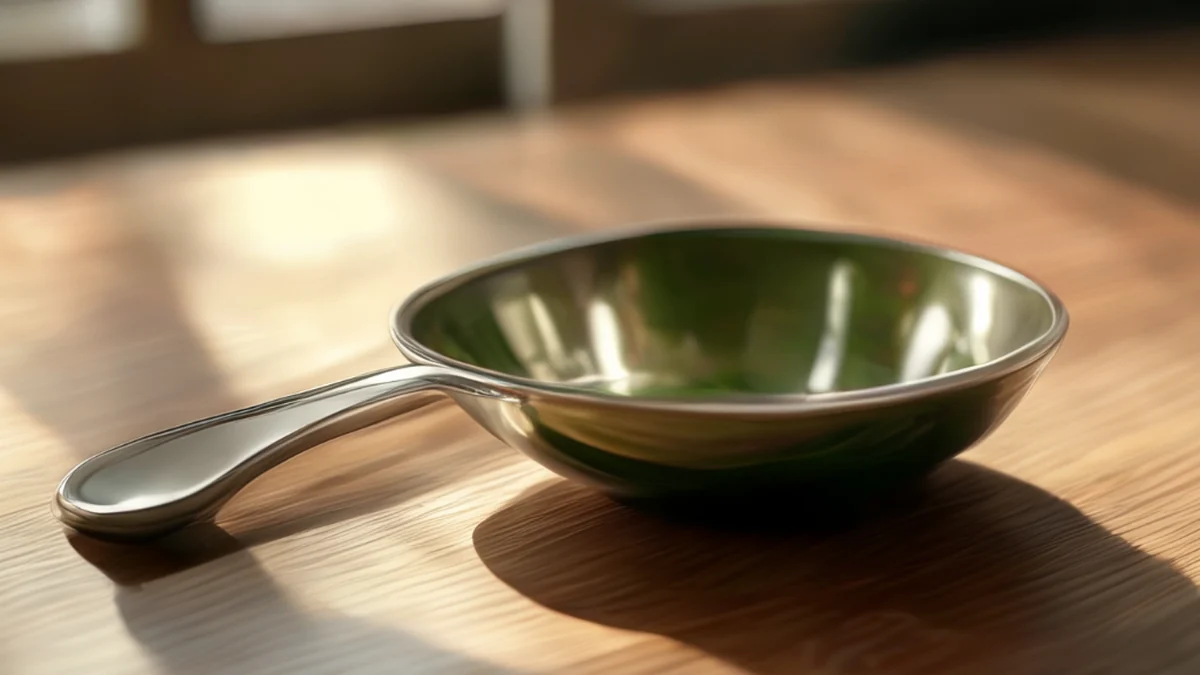 Lèche à laiton poli, manche courbée, manche noir brillant, tasse verte profonde, posée sur une table en bois, lumière de fenêtre douce, champ de profondeur faible, photoréaliste, focus aigu, détails élevés
