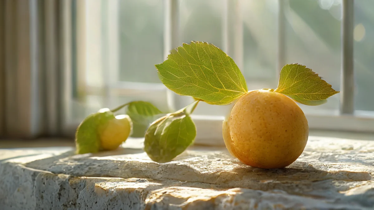 rama de fruta espessa, foliada, sobre pedra desbotada pelo sol, luz suave da janela, profundidade de campo suave, fotorealista, foco neto, detalhes altos