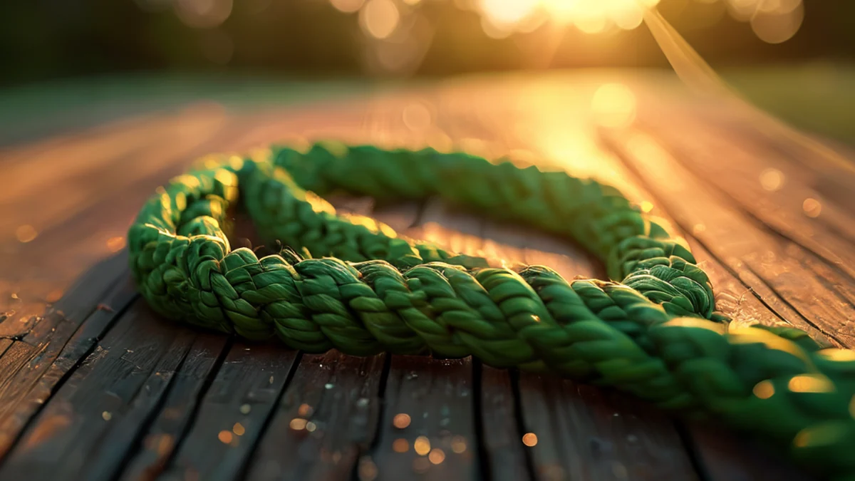 Bright green braided fishing line coiled on wooden surface under golden hour light, shallow depth of field, photorealistic, sharp focus, high detail