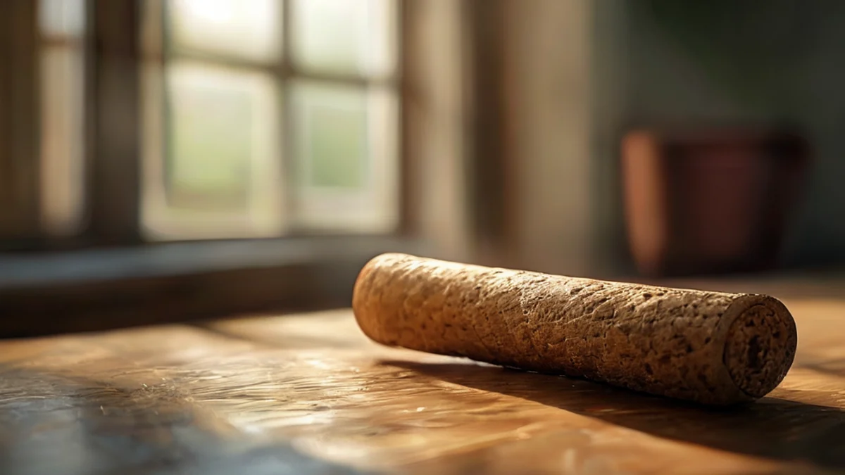 Un clavo utilizado en la producción de cork, mostrando la capa de cork y la base de madera.