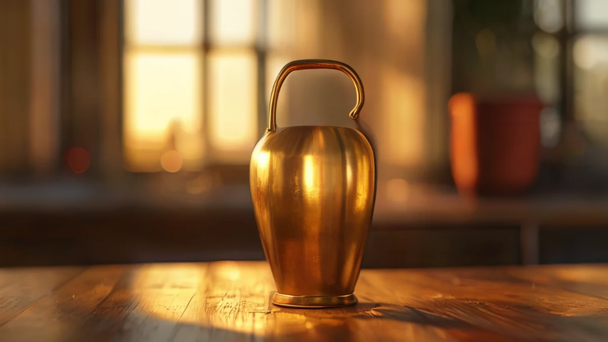 In de gouden uren, een dunne bronzen vaas met handvat op een houten tafel, zachte scherpte, fotorealistisch, hoge details