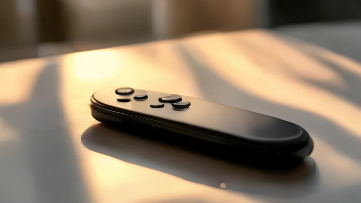 A remote control device with a screen and buttons.