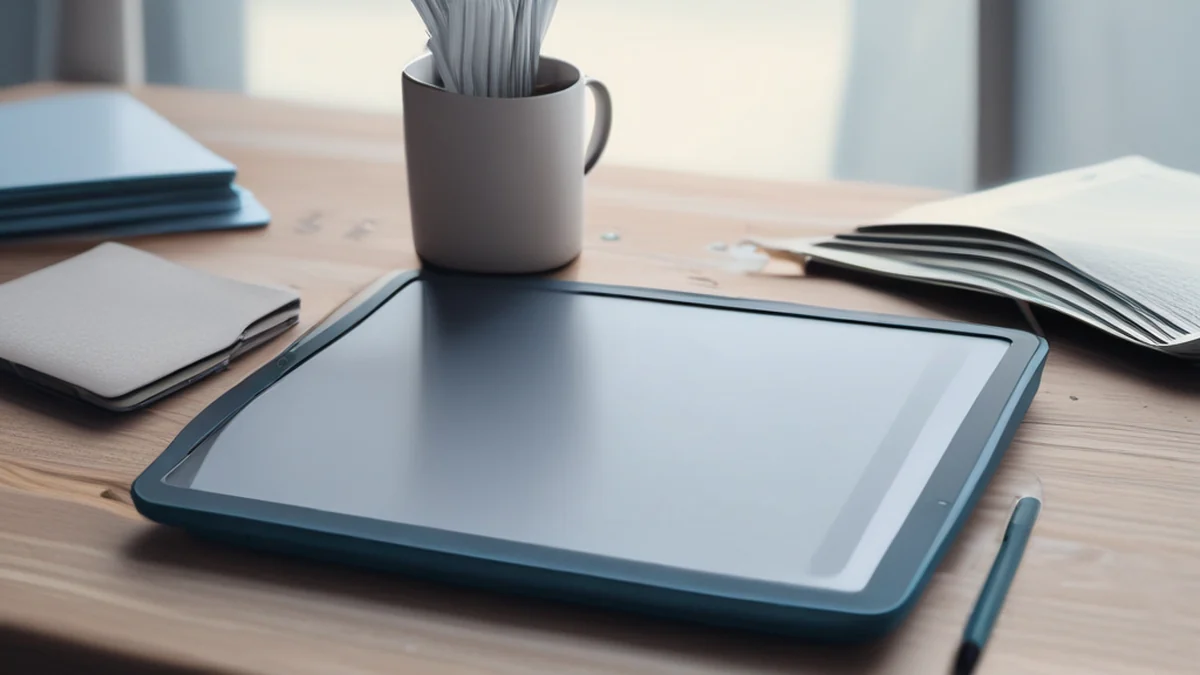 A drawing tablet placed on a table with a stylus nearby.
