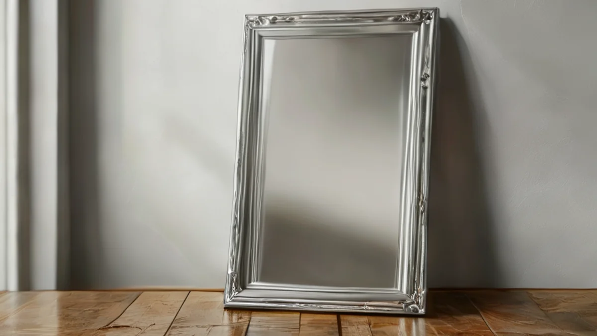 Schwere Rahmen-Mirrors mit silberner Glasoberfläche, dunkler Holzrahmen, Kupfer-Abrahmen, auf einfacher Holztisch, unter bewölktem Licht, flache Schärfe, photo-realistisch
