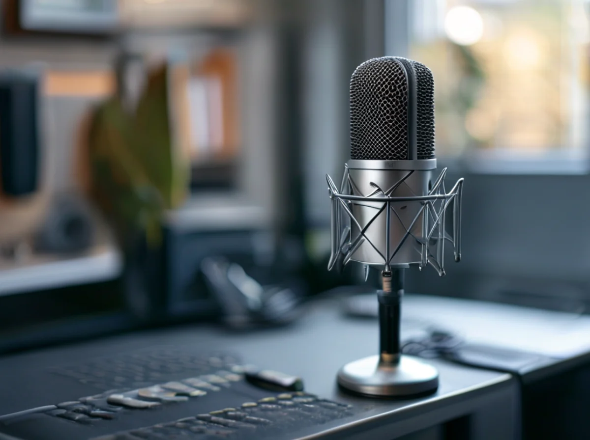 Professional condenser microphone with built-in pop filter for clear vocal recording.