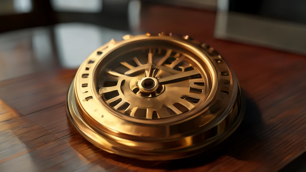 A brass gear clock, shiny surface, circular shape, metallic finish, resting on a wooden desk, warm side light, 50mm lens, shallow depth of field, photorealistic, sharp focus, high detail