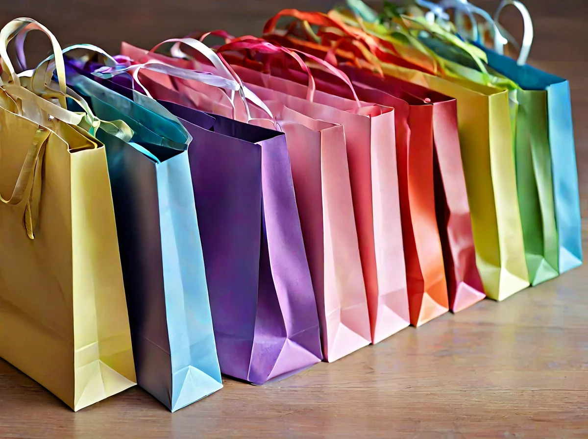 Une pile de sacs à papier haut de gamme de couleurs vives se trouve sur le sol.